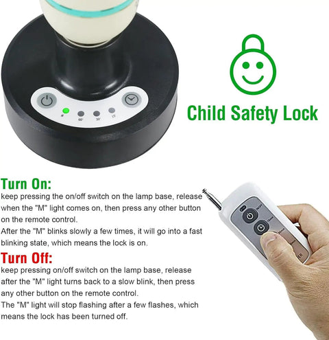 Remote control for 36W UVC Germ Busting Light Bulb with E26 Base, highlighting child safety lock feature and operational instructions.