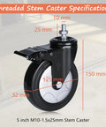 Rock Solid Five Inch Polyurethane Swivel Caster Wheels Set Of Four With M10 Threaded Stem, detailed specifications showing dimensions and design.