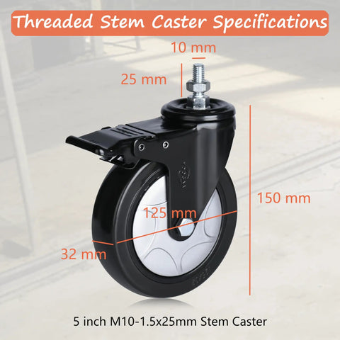 Rock Solid Five Inch Polyurethane Swivel Caster Wheels Set Of Four With M10 Threaded Stem, detailed specifications showing dimensions and design.