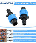 Drip Tape Connector Set 50 Pcs 1/2 Inch Barb Fittings For 5/8 Inch Drip Tape Sprinkler shown with installation steps