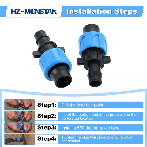 Drip Tape Connector Set 50 Pcs 1/2 Inch Barb Fittings For 5/8 Inch Drip Tape Sprinkler shown with installation steps