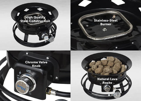 Smokeless Propane Fire Pit 19 Inch Portable Firebowl 58K BTU With Self Igniter Cover And Carry Straps close-up details: steel, burner, valves, rocks.