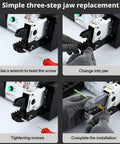 Slick Automatic Electric Terminal Crimping Pliers Featuring Rapid Strip And Cut Action For No Sweat Heavy Duty Automotive Wiring and seamlessly shown in three-step jaw replacement process.