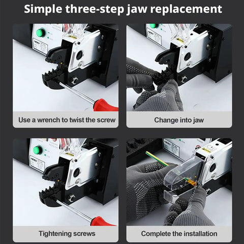 Slick Automatic Electric Terminal Crimping Pliers Featuring Rapid Strip And Cut Action For No Sweat Heavy Duty Automotive Wiring and seamlessly shown in three-step jaw replacement process.
