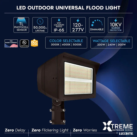 Top Shelf Outdoor LED Flood Lights 200W To 300W Adjustable Wattage with 10KV surge protection and adjustable color options.