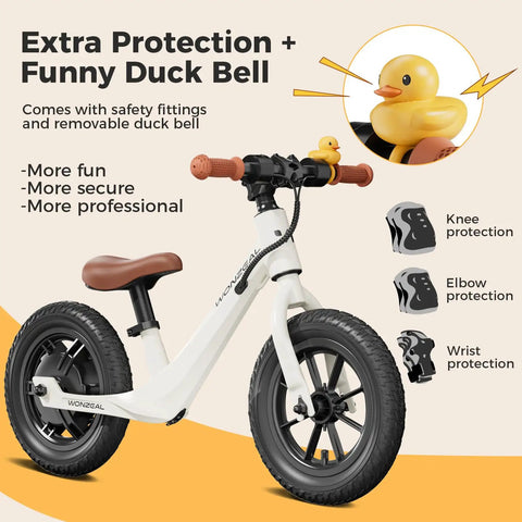 Electric Balance Bike for Kids Ages 3 to 5, 150W Motor, 3 Safe Speed Modes 4MPH 8MPH 11MPH, Easy Start System, Kid Friendly Ride On with Knee, Wrist and Elbow Pads, Perfect Toddler Starter Bike with duck bell and safety pads