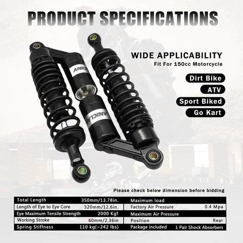 Pair 320mm Motorcycle Shocks Universal Rear Air Shock Absorbers For Off Road Bikes Street Bikes ATVs 150cc-750cc Center Distance Fit Check Heavy Duty Performance Beef Up Your Ride, product specifications and dimensions displayed