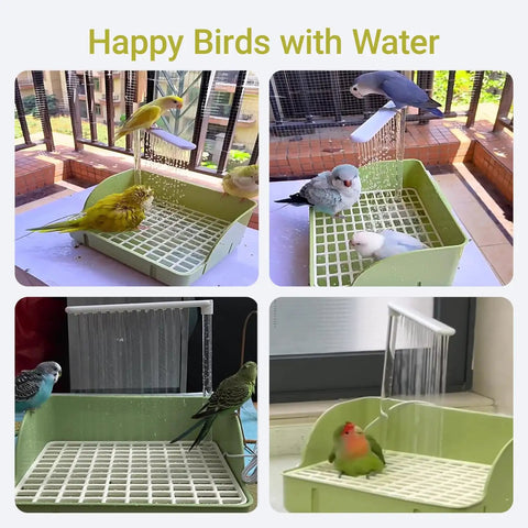 Automatic Bird Bath Shower With Pump For Parrots And Small Birds, Quiet Running Water Bathing Station For Cages shown with birds.