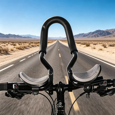 Clip On Aero Bar For Road Cycling Aluminum Alloy Armrest Bar With Soft Sponge Cushion on a bike on desert highway