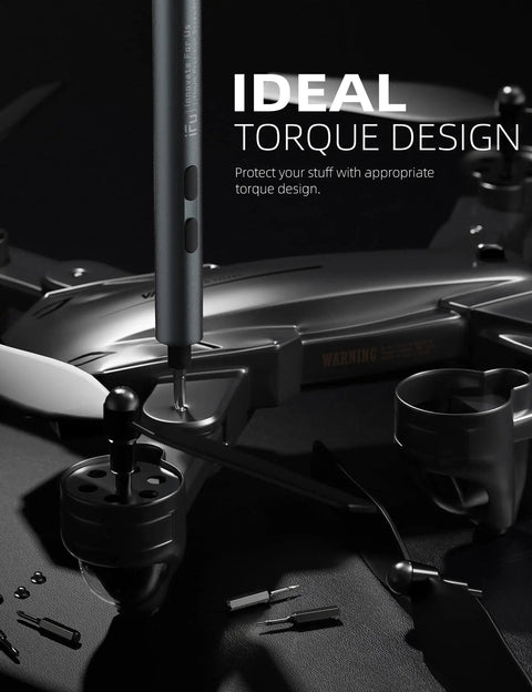 Mini Electric Screwdriver Kit With LED Light 42 In 1 Cordless Precision Set in use on drone, shown with torque design feature.
