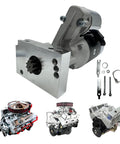 High Torque Starter For Chevy Small Block 350 Engine 12V 2.2Kw beefy motor with mounting plate and hardware, shown next to engine units.