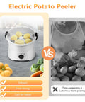 Electric Potato Peeler showing potatoes inside, a corded motor driven kitchen tool for efficient meal prep.