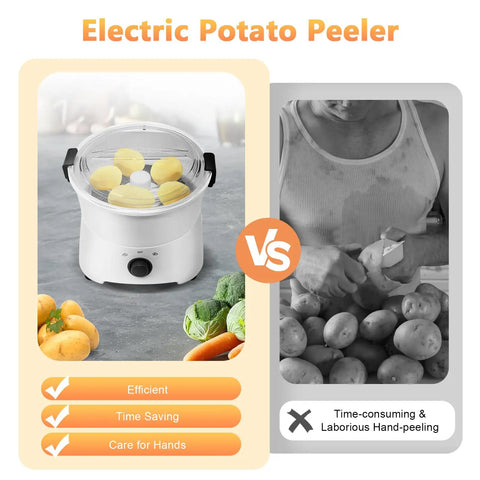 Electric Potato Peeler showing potatoes inside, a corded motor driven kitchen tool for efficient meal prep.