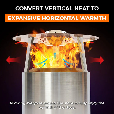 Heat Deflector For 27 Inch Fire Pits And Solo Stove Bonfire 1.0/2.0, 304 Stainless Steel With 3 Leg Design showing heat direction.