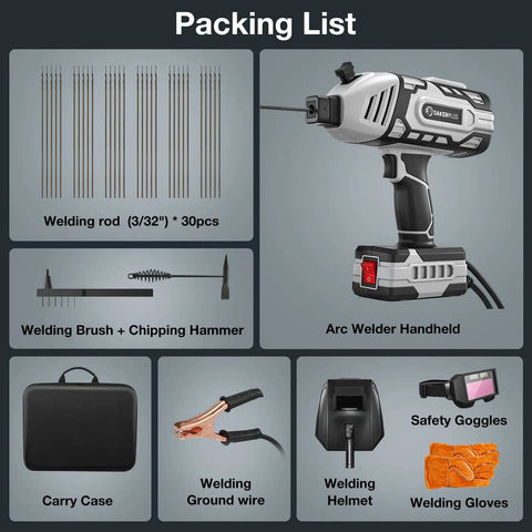 Pocket Sized Portable Arc Welder 110V Handheld With IGBT Inverter, Five Current Settings, Ultra Lightweight shown with accessories