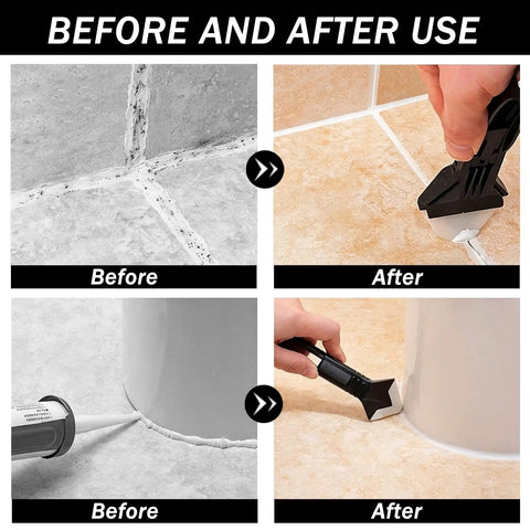 3 In 1 Caulk Remover Tool Set With Silicone Caulking Tools And Sealant Smoothing Five Interchangeable Pads Non Slip Push Pull Grip No Fuss Mess Free Finish For Bathroom Kitchen Tile Window And Sink showing before and after caulk smoothing on tile and sink