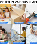Box cutter knives, 4-pack retractable blades; collage shows uses in school, warehouse, home, office.