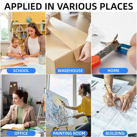 Box cutter knives, 4-pack retractable blades; collage shows uses in school, warehouse, home, office.