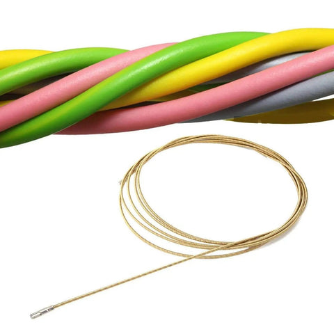 Heavy Duty Universal Fish Tape Wire Threader Tool With Flexible Spring for pulling cables, showing gold wire with colored electrical wires.