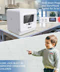 Solid No Sweat Countertop Dishwasher Fully Automatic Smart Drying Design with child lock feature in modern kitchen.