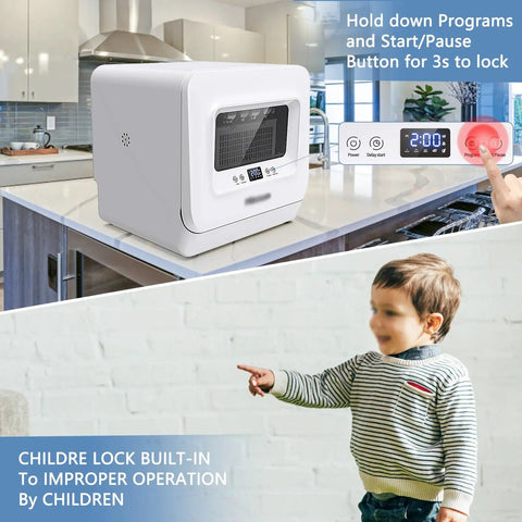 Solid No Sweat Countertop Dishwasher Fully Automatic Smart Drying Design with child lock feature in modern kitchen.