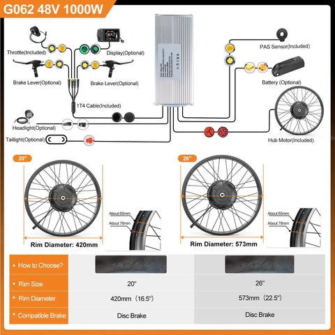 Diagram showing Ebike Conversion Kit 48V 1000W Beast Rear Hub Motor For 26 Inch Fat Tire Bikes, including components and specifications.