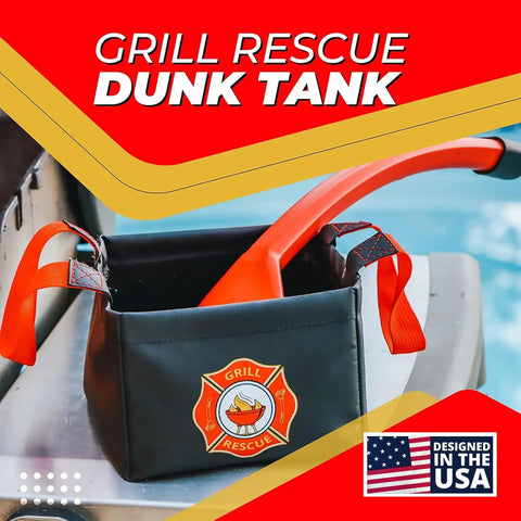 Collapsible Water Bucket For Grill Cleanup And Outdoor Adventures, Ultra Durable, with Grill Rescue branding on a metal surface.