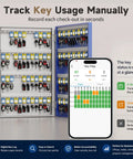 96 Key Smart Lock Box Wall Mount Key Cabinet for Office shown with app tracking screen displaying key usage data