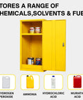 Heavy Duty Flammable Storage Cabinet In Galvanized Steel With Adjustable Shelves, Hazardous Materials Safety Cabinet For Home Garage Shop And Light Industrial Use, showcasing internal storage with hazardous materials cans