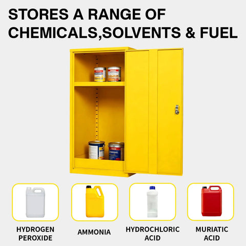 Heavy Duty Flammable Storage Cabinet In Galvanized Steel With Adjustable Shelves, Hazardous Materials Safety Cabinet For Home Garage Shop And Light Industrial Use, showcasing internal storage with hazardous materials cans