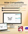 Compatibility chart for Ultra Versatile 4 In 1 Laser Rotary Chuck For Engraving Cylindrical Objects with screenshots of software