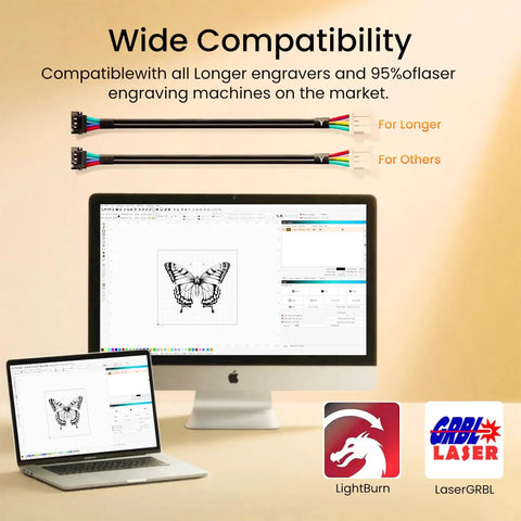 Compatibility chart for Ultra Versatile 4 In 1 Laser Rotary Chuck For Engraving Cylindrical Objects with screenshots of software