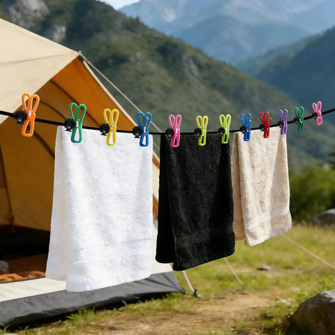 Must Have Camping Clothesline With Magnetic Hooks And 12 Colorful Clips for Camper RV Living On The Go in use outdoors