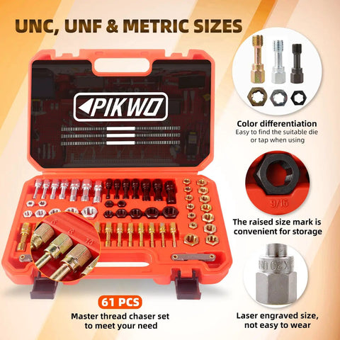 61 Piece Thread Chaser Repair Kit Rethread Tools with UNC UNF and Metric Thread Restorers Plus Thread Pitch Gauge in open case.