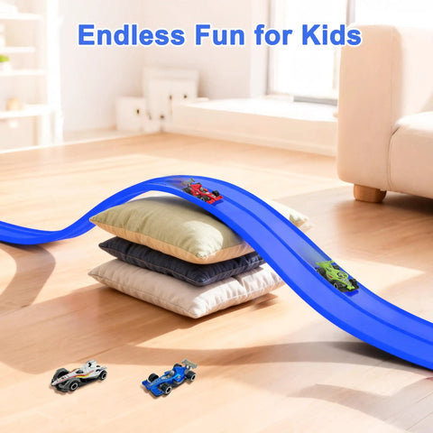 15 Ft Flexible Race Track Set With Two Lane Track And 6 Toy Cars For Kids, blue PVC track over pillows in living room