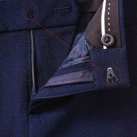 Heavy Duty Pant Hooks And Eyes Closure Kit For Clothing Repair Rock Solid Sewing Fasteners close-up of black metal hook and eye on trousers.