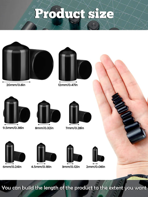 Image showing 156 Piece Rubber End Caps For Bolts Flexible Screw Caps Thread Protectors Vinyl Rubber Covers in nine black sizes from small to large.