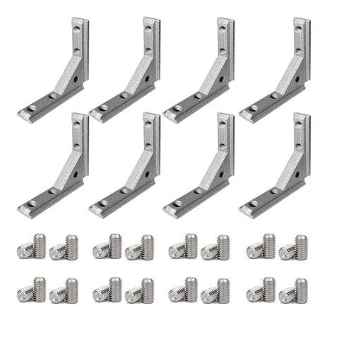 Eight Pack 2020 Series Aluminum Extrusion Corner Brackets For 20x20 T Slot Profiles Inside L Shape Joint 90 Degree Connectors With M4 Screws And Wrench Included Fits 2040 V Slot And Other 20 Series DIY Aluminum Projects, showcasing eight metal brackets with screws.