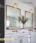 Gold Pendant Light Set Of 3 With Spiral Cage And Seeded Glass Shades over bathroom vanity with double mirrors