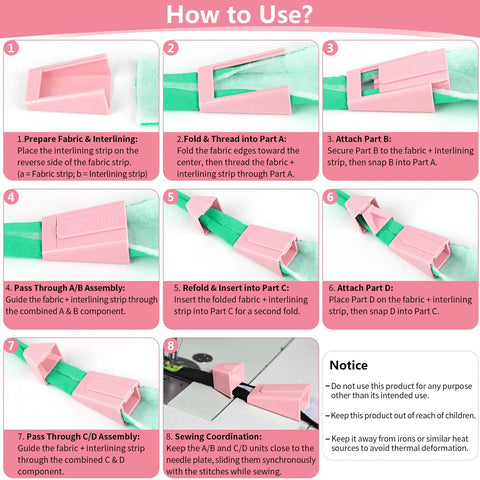 Step-by-step guide for 2 Pack Upgraded Bias Tape Makers Fabric Tube Maker for DIY rugs and binding tape in quilting projects.