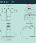 Black 6 Inch Corner Bathroom Sink Faucet With Waterfall Flow Single Hole Design blueprint dimensions included