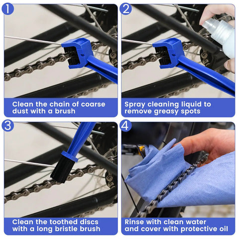 Step-by-step use of Bike Chain Washer And Motorcycle Chain Brush Set for cleaning dirt, grease from chains and gears