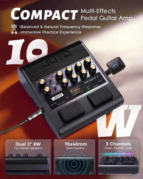 Palm Sized 10W Electric Guitar Amp And Multi Effects Pedal With Footswitch, 14 Amp Models, 3 Band EQ, JAM Buddy II, Black