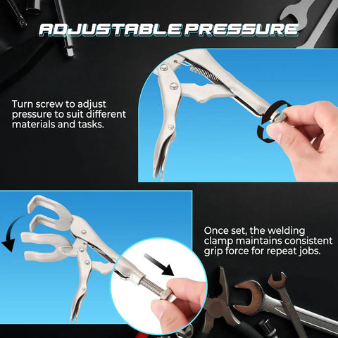 Heavy Duty 9 Inch Locking Pliers Set Two Pack Metal Welding Clamps with Quick Lock Release in use showing adjustable pressure feature