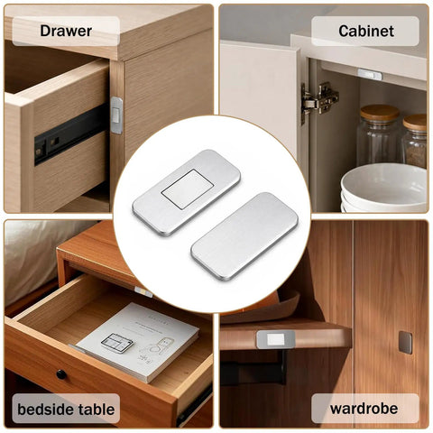 8 Pack Cabinet Magnets For Closure And Magnetic Door Catch, Ultra Thin 2mm Stainless Steel Adhesive Cabinet Latch, shown on drawers and cabinets