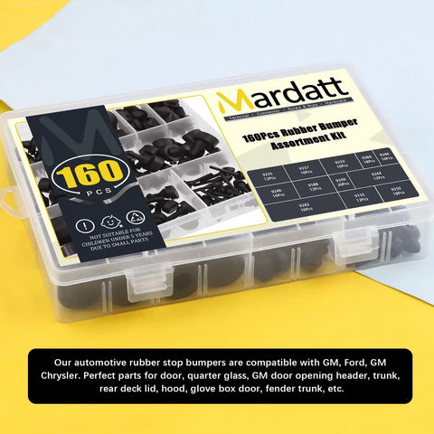 160 Piece Rubber Bumper Stopper Set For Cars With 12 Types Including Quarter Glass Hood Deck Lid Fender Trunk Gas Tank And Glove Box Bumpers Compatible With GM Chrysler Ford Vehicles Durable Quiet Install in labeled case.