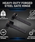Tough As Nails 13 Inch Heavy Duty Strap Gate Hinges With Nine Hundred Pound Load Capacity Plus Flexible Ninety Degree Swivel Design. Heavy-duty steel gate hinge with 900 lb capacity.
