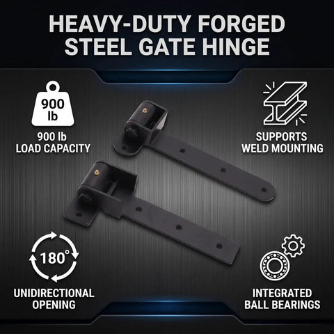 Tough As Nails 13 Inch Heavy Duty Strap Gate Hinges With Nine Hundred Pound Load Capacity Plus Flexible Ninety Degree Swivel Design. Heavy-duty steel gate hinge with 900 lb capacity.