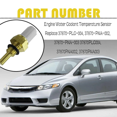 Close-up of brass engine coolant temperature sensor; a silver Honda sedan is visible in the background.