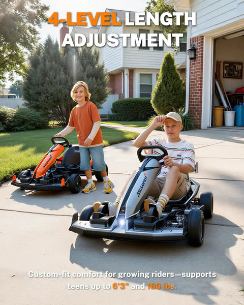 Children riding Licensed McLaren 48V Go Kart in driveway, showcasing four-position adjustable chassis and silver finish